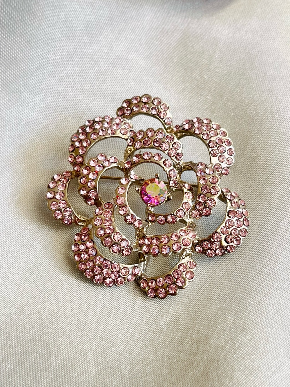 Vintage Pink Rhinestone Flower Brooch Pin
